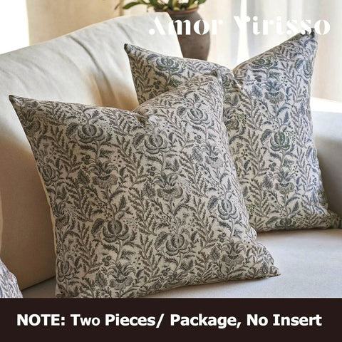 Floral Pillow Covers 18x18 Set Of 2, Neutral Vintage Block Print Cotton Cushion Covers For Sofa Bed And Living Room, farmhouse floral pillows on sofa