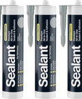 Three-pack of Light Gray Kitchen And Bathroom Sealant And Adhesive Hybrid Polymer tubes with applicator tips visible.