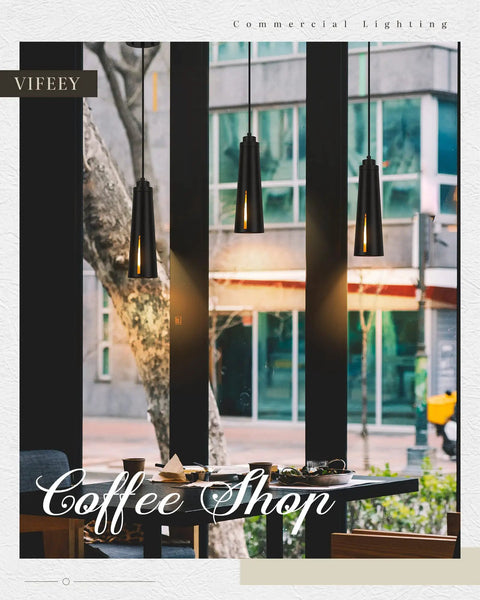 Two Pack Industrial Pendant Lighting Set Modern Farmhouse Black Mini Hanging Lights For Kitchen Island Dining Room Living Room And Hallway Sleek Black Finish With Subtle Gold Accent For Dope Cozy Vibe At Home VF1911PTBK in a coffee shop setting.
