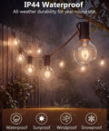 G40 Replacement Bulbs 120V 5W Incandescent Globe Bulbs, waterproof outdoor string lights illuminating a rain-soaked backyard
