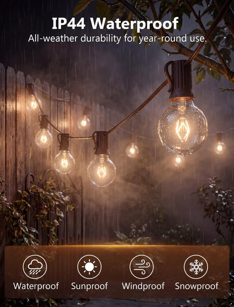 G40 Replacement Bulbs 120V 5W Incandescent Globe Bulbs, waterproof outdoor string lights illuminating a rain-soaked backyard