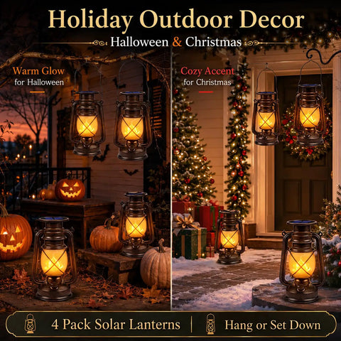 Outdoor Solar Lanterns With Lit Dancing Flame LED Lights For Patio And Garden, Waterproof Hanging Lanterns, Auto On Off, Energy Saving Camping Lamps, Landscape Decor For Yard Pathway And Porch, 2 Pack