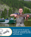 Angler holding fish with boat in background; inset shows 5/16-18 T-bolts, nuts, washers for boat rails with anti-rust coating.