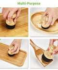 2 Pack Natural Bamboo Cutting Board Oil And Wax Applicator Set For Easy, Even Oiling And Long Lasting Wood Finish On Kitchen Boards, Perfect For DIY Finishing And Food Safe Maintenance, bamboo handle shown on board and spoon
