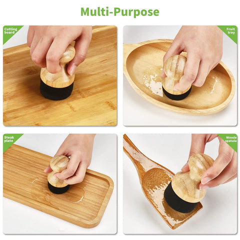 2 Pack Natural Bamboo Cutting Board Oil And Wax Applicator Set For Easy, Even Oiling And Long Lasting Wood Finish On Kitchen Boards, Perfect For DIY Finishing And Food Safe Maintenance, bamboo handle shown on board and spoon