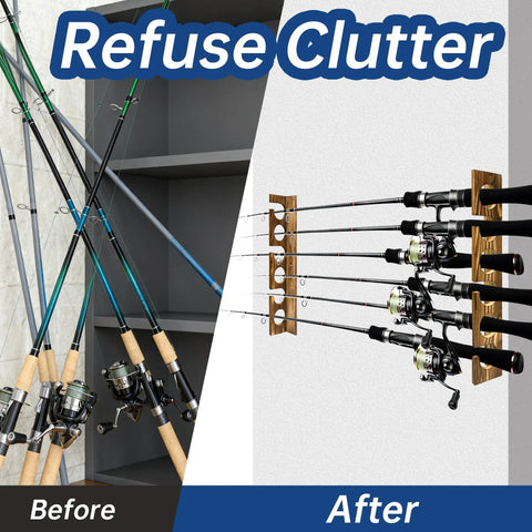 Wood Fishing Rod Holder Rack For Wall Or Ceiling Mount Up To Six Fishing Rods, Vertical Or Horizontal Rod Storage Display