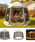 Pop Up Screen House Tent For Four To Eight People 10 By 9.2 Feet Portable Gazebo In Beige With Netting Sides And People Inside