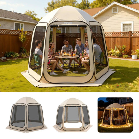 Pop Up Screen House Tent For Four To Eight People 10 By 9.2 Feet Portable Gazebo In Beige With Netting Sides And People Inside