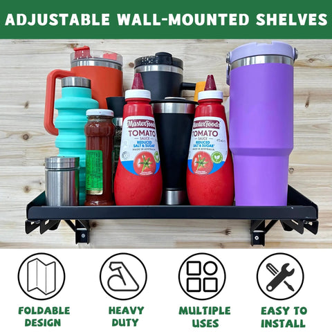 Garage Folding Storage Shelves With Lip Two Pack 200 Pound Capacity Wall Mounted Adjustable Rail Shelves for tools and gear, front view