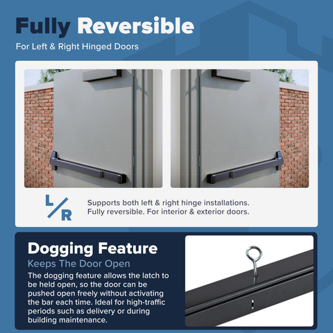 Push Bar Panic Exit Device For Doors Black Finish UL Listed Grade 1 ADA Emergency Exit Bar With Reversible Roller Striker Easy Install FS750B on double doors showing fully reversible feature and dogging mechanism.