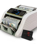Top Shelf Bill Counter Machine With Lightning Fast Sorting Mixed Denomination Handling LCD Screen Smart Counterfeit Detection displaying bills in use.