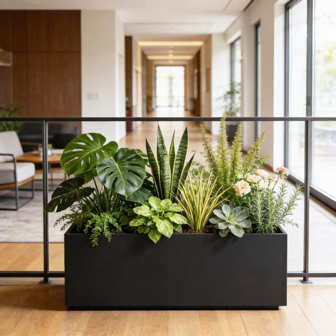 Rectangular Metal Planter Box 36x12x16 Matte Black With Insert Shelf, Drainage Holes And Bottom Water Collection Tray with plants