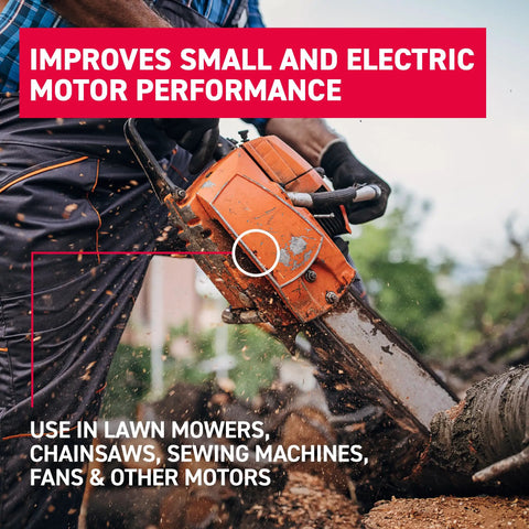 Man using chainsaw with Small Electric Motor Oil 3 Oz Lubricant For Tiny Motors SAE 20 Equivalent for better performance