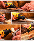 Go-To Power Hand Rotary Tool Kit With Variable Speed 8000 To 35000 RPM used for sanding, carving, cutting, polishing, and drilling wood and metal.