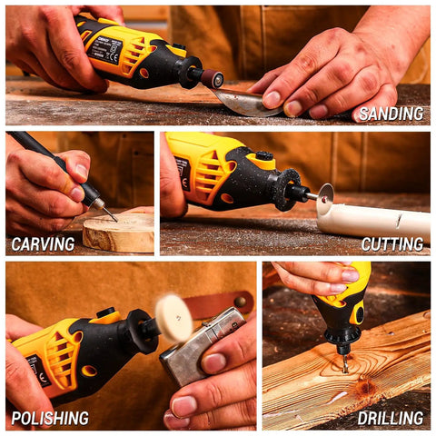 Go-To Power Hand Rotary Tool Kit With Variable Speed 8000 To 35000 RPM used for sanding, carving, cutting, polishing, and drilling wood and metal.