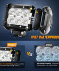 Comparison of IP67 waterproof Four Inch LED Pods Four Pack 18 Watt Flood Beam Off Road Lights against less durable lights.