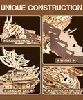 Detailed view of 3D Dragon Ship Wooden Puzzle Kit For Adults, showing dragon head, tail, wings, and controller switch features.