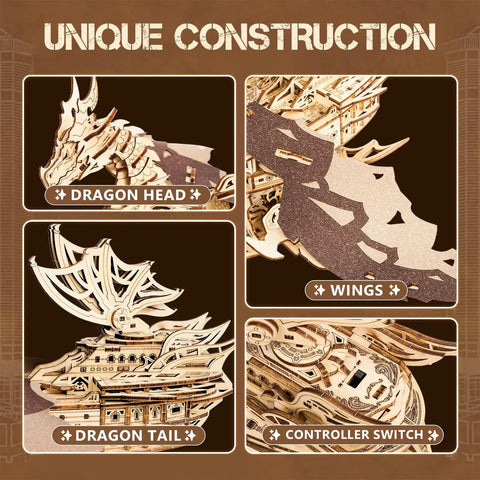 Detailed view of 3D Dragon Ship Wooden Puzzle Kit For Adults, showing dragon head, tail, wings, and controller switch features.