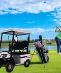 Slick Two Passenger Electric Golf Cart Boosted By 800W Differential Motor in a golf setting with golfer and clubs.