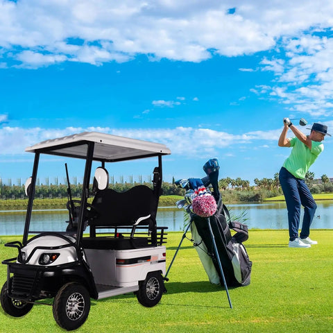 Slick Two Passenger Electric Golf Cart Boosted By 800W Differential Motor in a golf setting with golfer and clubs.