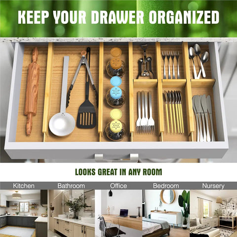 Expandable Bamboo Drawer Dividers Organizer For Big Drawers 17 To 22 Inches Long Adjustable Spring Loaded For Utensils