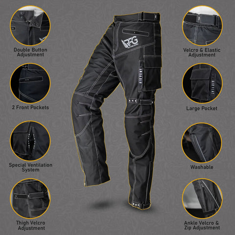 Mens Waterproof Motorcycle Pants with CE Armor and Ventilation Zippers Black showing pockets and ventilation features.