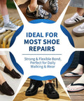 Collage of various shoe types with text 'Ideal for Most Shoe Repairs, Strong & Flexible Bond' displayed in center