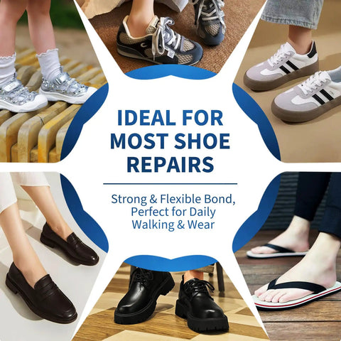 Collage of various shoe types with text 'Ideal for Most Shoe Repairs, Strong & Flexible Bond' displayed in center