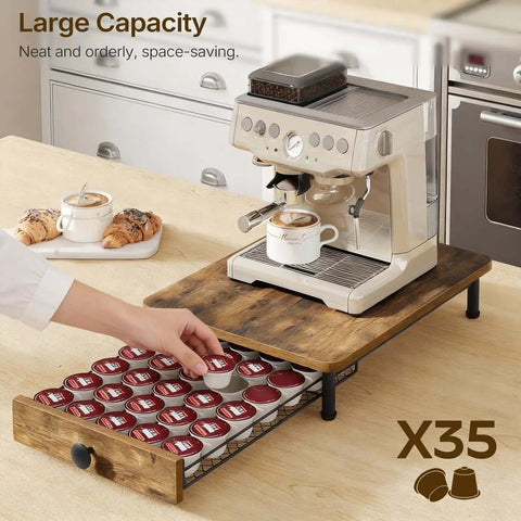 Compact Coffee Pod Drawer Holder With 35 Capsule Capacity For K Cup Storage And Sliding Mesh Basket Organizer For Home Office And Kitchen Countertop Rustic Brown