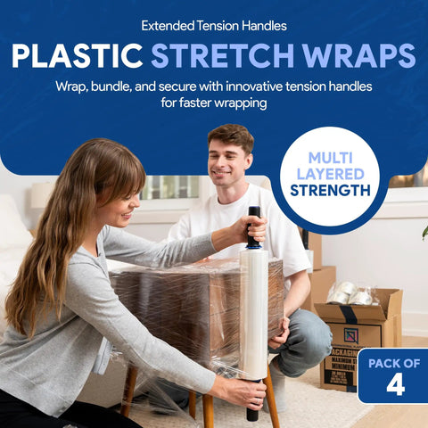 Couple using 15 Inch Stretch Film Wrap With Extended Handles 1200 Ft Per Roll 500 Percent Stretch Clear Cling Plastic For Moving