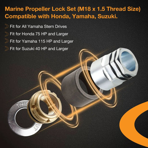 Marine Propeller Lock Set Featuring Three Quarter Inch 16 Thread Locking Nut With Free Spinning Collar For Mercury MerCruiser And OMC