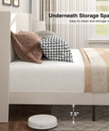 Prime Queen Bed Frame With Plush Wingback Headboard And Heavy Duty Steel Base For Ultimate Lounge Comfort And Durable Support To Kick Back And Rock Your Bedroom Setup showing 7.5in clearance and pillows.