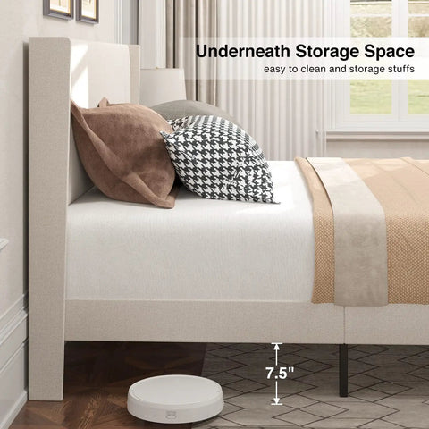 Prime Queen Bed Frame With Plush Wingback Headboard And Heavy Duty Steel Base For Ultimate Lounge Comfort And Durable Support To Kick Back And Rock Your Bedroom Setup showing 7.5in clearance and pillows.