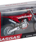 GasGas MC 450F One Twelfth Scale Diecast Motorcycle Model in red packaging with real rubber tires and steerable wheels