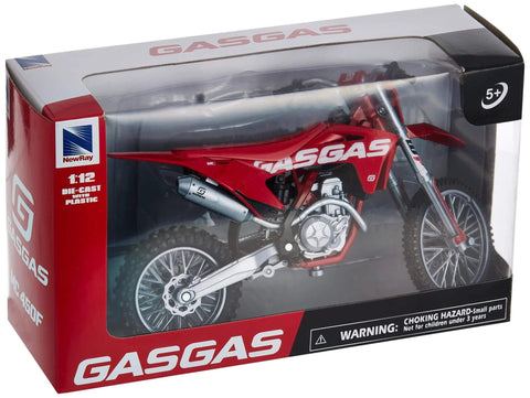 GasGas MC 450F One Twelfth Scale Diecast Motorcycle Model in red packaging with real rubber tires and steerable wheels