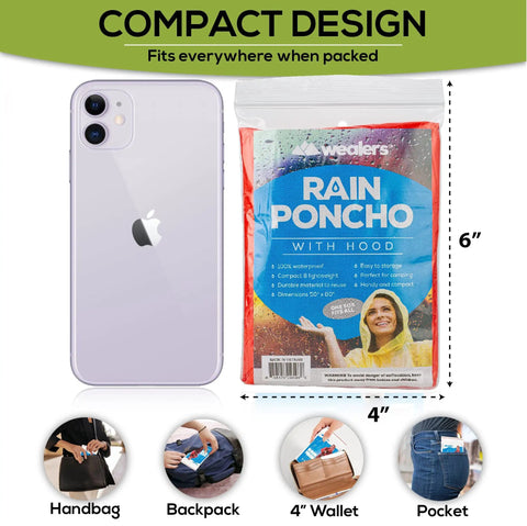 Compact packaging of Disposable Rain Ponchos Bulk Pack For Adults And Teens, Emergency Waterproof Rain Gear In Assorted Colors
