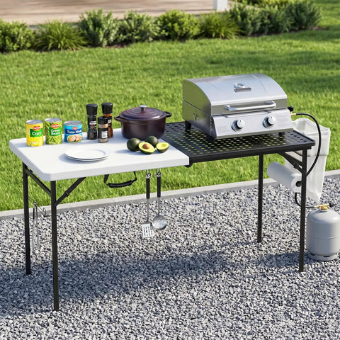 5ft Folding Camping Table With Dual Surface Metal Grill Grid And Solid Prep Top Heavy Duty Portable Outdoor Table