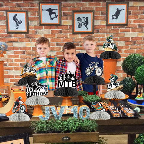 Three boys with Eight Piece Mountain Bike Birthday Honeycomb Centerpieces With Clips For Teens And Adults BMX Style Party Table Toppers Sports Racing Bike Theme Photo Backdrops And Decor