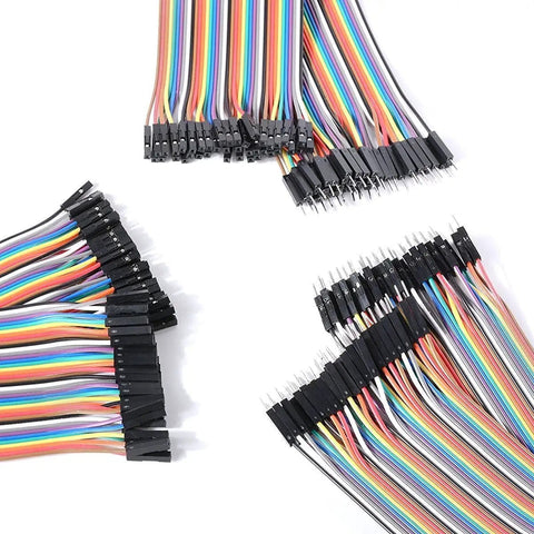 120 Pcs Breadboard Jumper Wires Kit With Male And Female Connectors 2.54mm Pitch 20cm Length For DIY Prototyping Assortment Three Pack Forty Wires Set Perfect For DIYers And Pros showcasing colorful wires with connectors.