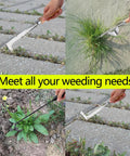 Three Pack Weed Puller Tools Set for Garden and Paver Cracks being used on grass, soil, and brick surfaces