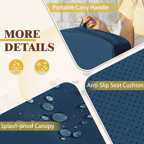 Upgraded 3 Seat Porch Swing With Canopy And Stand For Backyard Patio, waterproof features, splash-proof material, and anti-slip cushion.