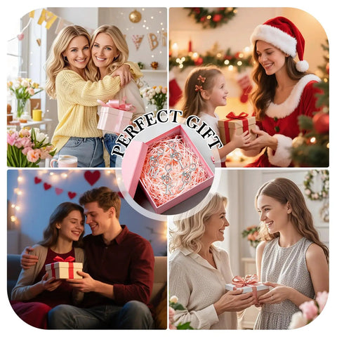 Collage of people exchanging gifts with central image of a lit gift box labeled 'Perfect Gift'.