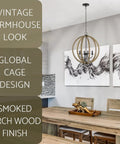 Dining room with 4 Light Modern Farmhouse Pendant Chandelier with Armillary Sphere Cage in Smoked Birch Finish.