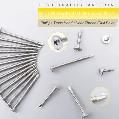 Heavy Duty Self Tapping Screws 410 Stainless Steel 8 X 2 Inch showing Phillips truss head design and clear threading.