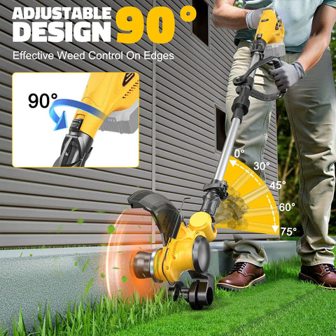 Person using Cordless 3 In 1 String Trimmer Edger And Lawn Care Tool With Brushless Motor And Battery Level Display, 18 Inch Line, 20V Compatible, Battery Not Included, Charger Not Included, Yellow on lawn edge.