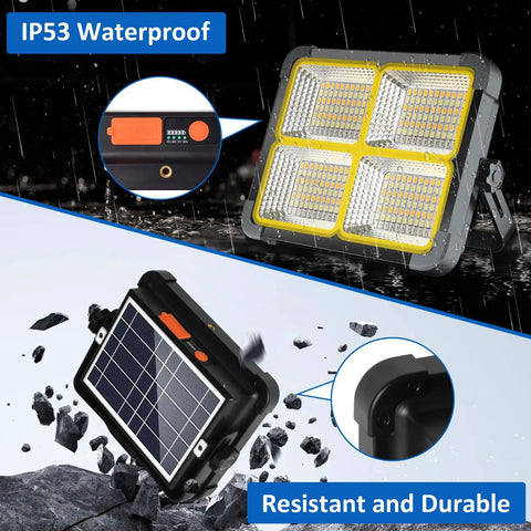 Powerful 100W Rechargeable Work Light With 336 LEDs and Solar Battery, showing waterproof and durable features