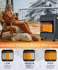 Woman enjoying warmth from foldable propane patio heater with 18000 BTU gas radiant heat, showing three heat settings for indoor use.