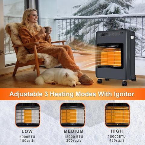 Woman enjoying warmth from foldable propane patio heater with 18000 BTU gas radiant heat, showing three heat settings for indoor use.