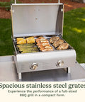 Chef's Style Tabletop Portable Propane Grill With 20,000 BTU Stainless Steel Two-Burner Outdoor Gas Grill For Camping, Tailgating, And BBQ, Hassle-Free Setup With Twist-Start Ignition CGG-306 grilling food outdoors