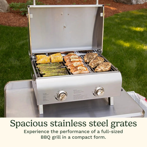 Chef's Style Tabletop Portable Propane Grill With 20,000 BTU Stainless Steel Two-Burner Outdoor Gas Grill For Camping, Tailgating, And BBQ, Hassle-Free Setup With Twist-Start Ignition CGG-306 grilling food outdoors